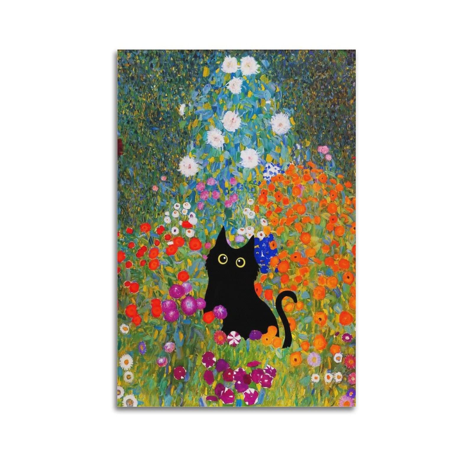 キャンバス油絵 専用 黒猫ガーデン クリムト風フラワーガーデン