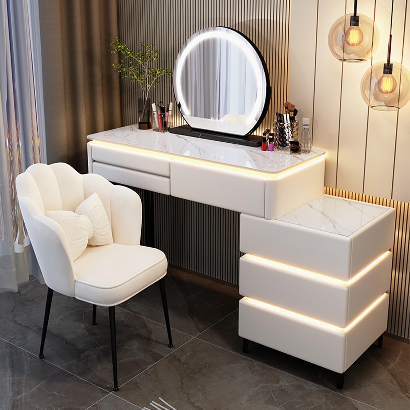 Amazon｜スツール付きドレッサー、引き出し3段付き鏡台、ミラーとLED