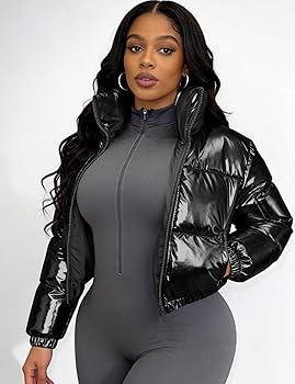Amazon.com: COZYPOIN Women's Metallic Shiny Cropped Puffer Jacket