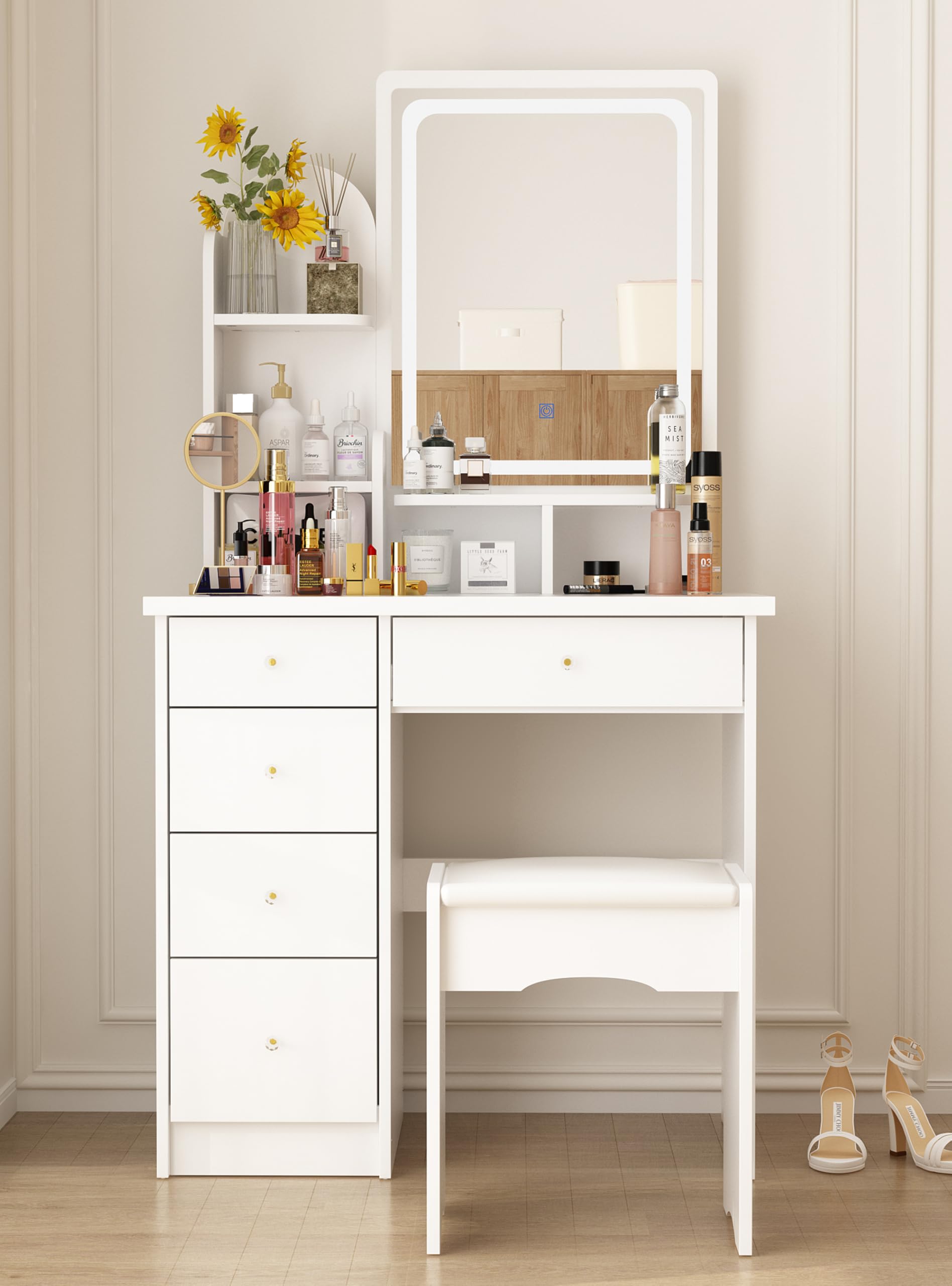 Amazon｜DiDuGo ドレッサー セット 白 コンパクト 3色ライトミラー 幅