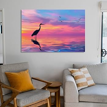 Amazon.co.jp: 絵画 夕方、池にサギが立っている アートパネル