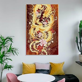 Amazon.co.jp: 絵画 龍と鳳凰が吉兆を演出インテリア 絵画 黄金の龍と