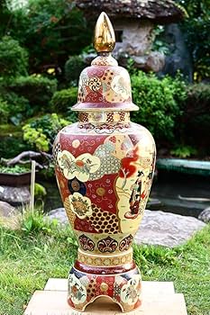 薩摩焼 瀧山作 栄盛窯 飾り壺 壷 金襴手 群鶴文 花鳥図 紋入 置物