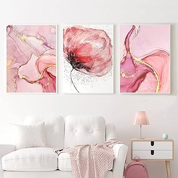 Amazon｜ピンクマーブル 抽象ウォールアート 金箔大理石絵画 ピンク