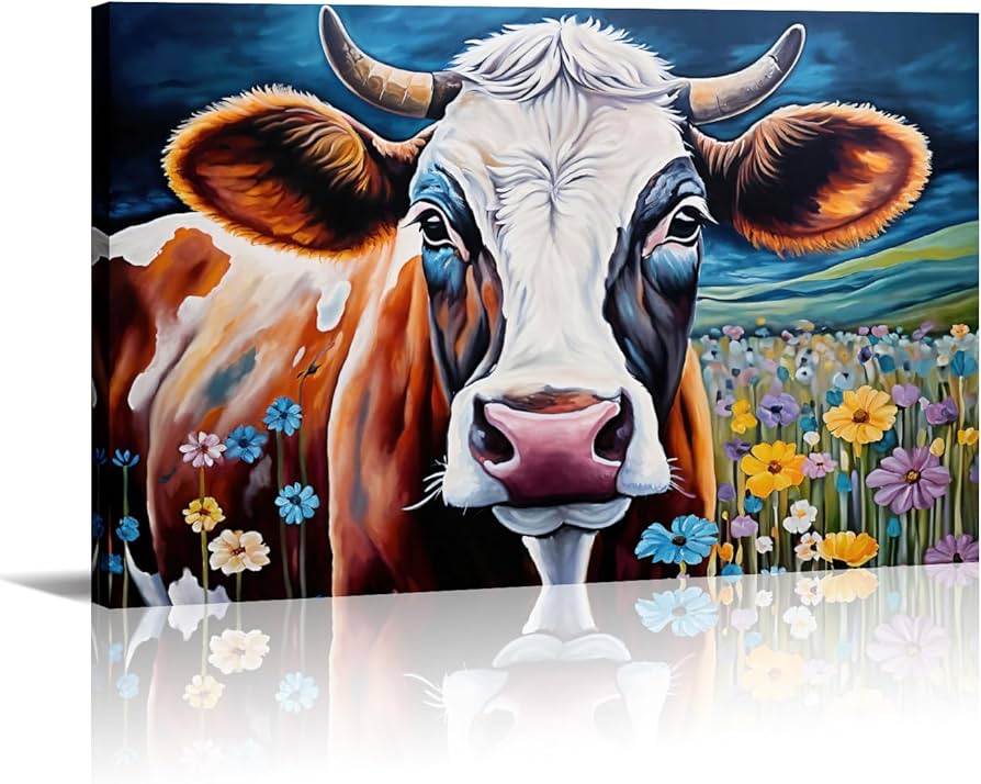 Amazon.co.jp: LYUNSHUO 牛キャンバスウォールアート 鮮やかな牧草地の