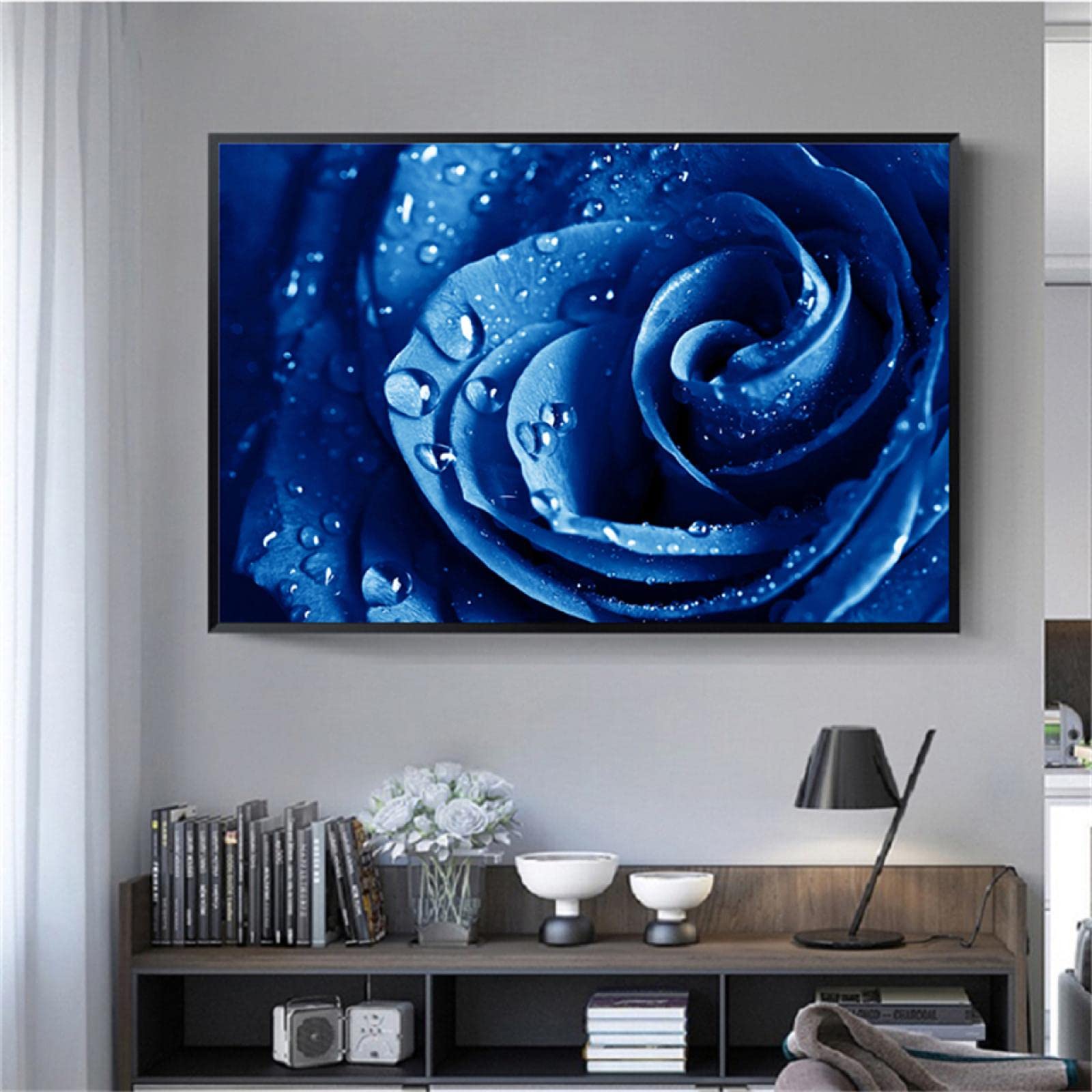 Amazon｜キャンバス絵画青いバラの花水滴ポスターとプリント 壁アート