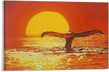 Amazon.co.jp: 青い海 ラッセン 海の眺め 黄金の夕日の中のクジラ