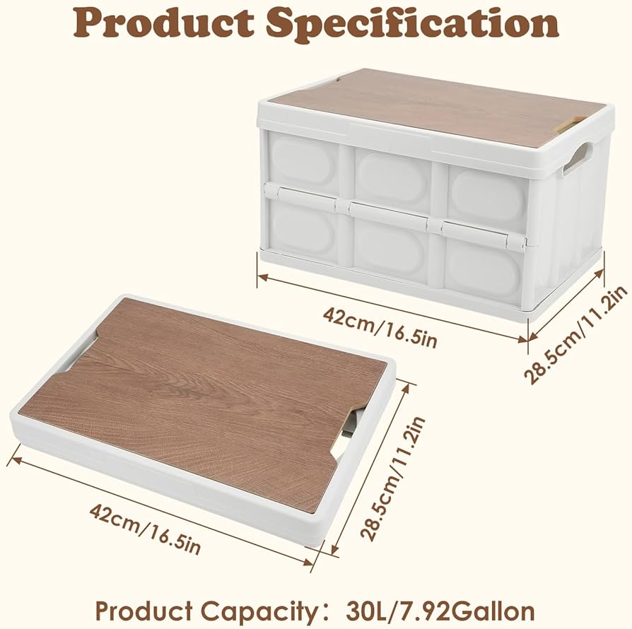 Folding Storage Box with Wooden Cover, 30L Collapsible Storage