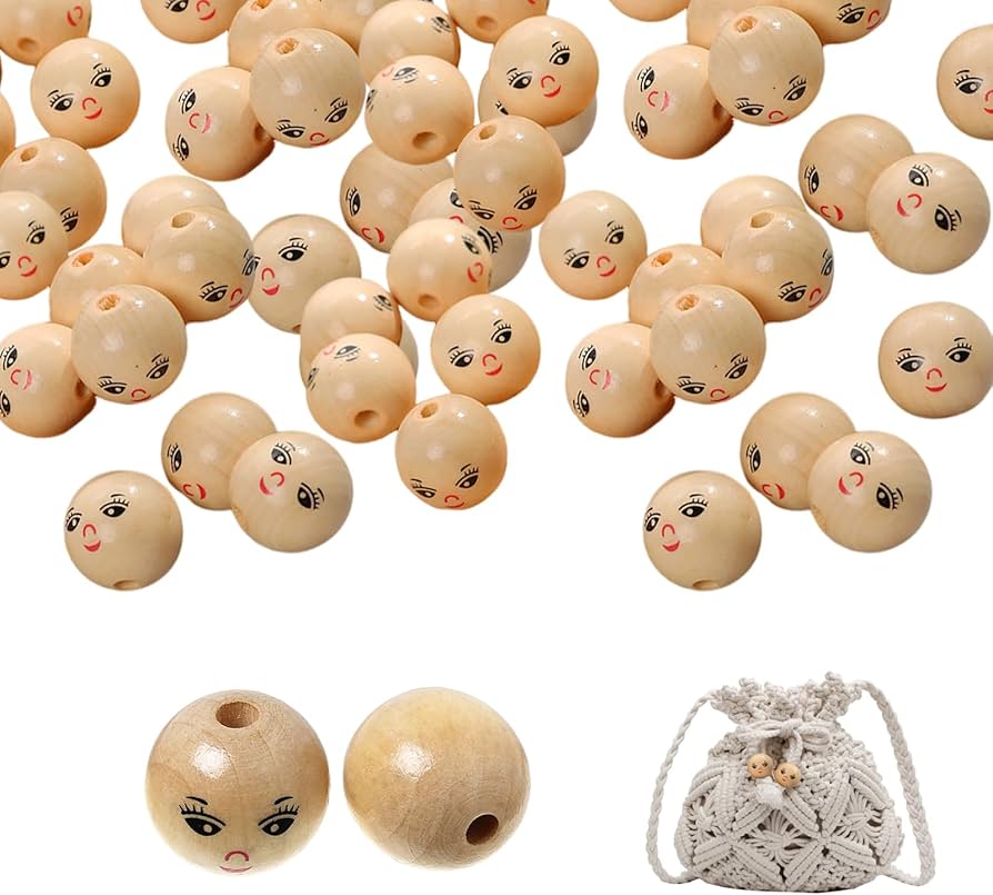 Amazon.co.jp: 笑顔 木製ビーズ 50個 人形笑顔 木 ウッド ビーズ