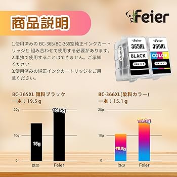 Amazon.co.jp: Feier キャノン BC-365XL(顔料ブラック) BC-366XL(染料