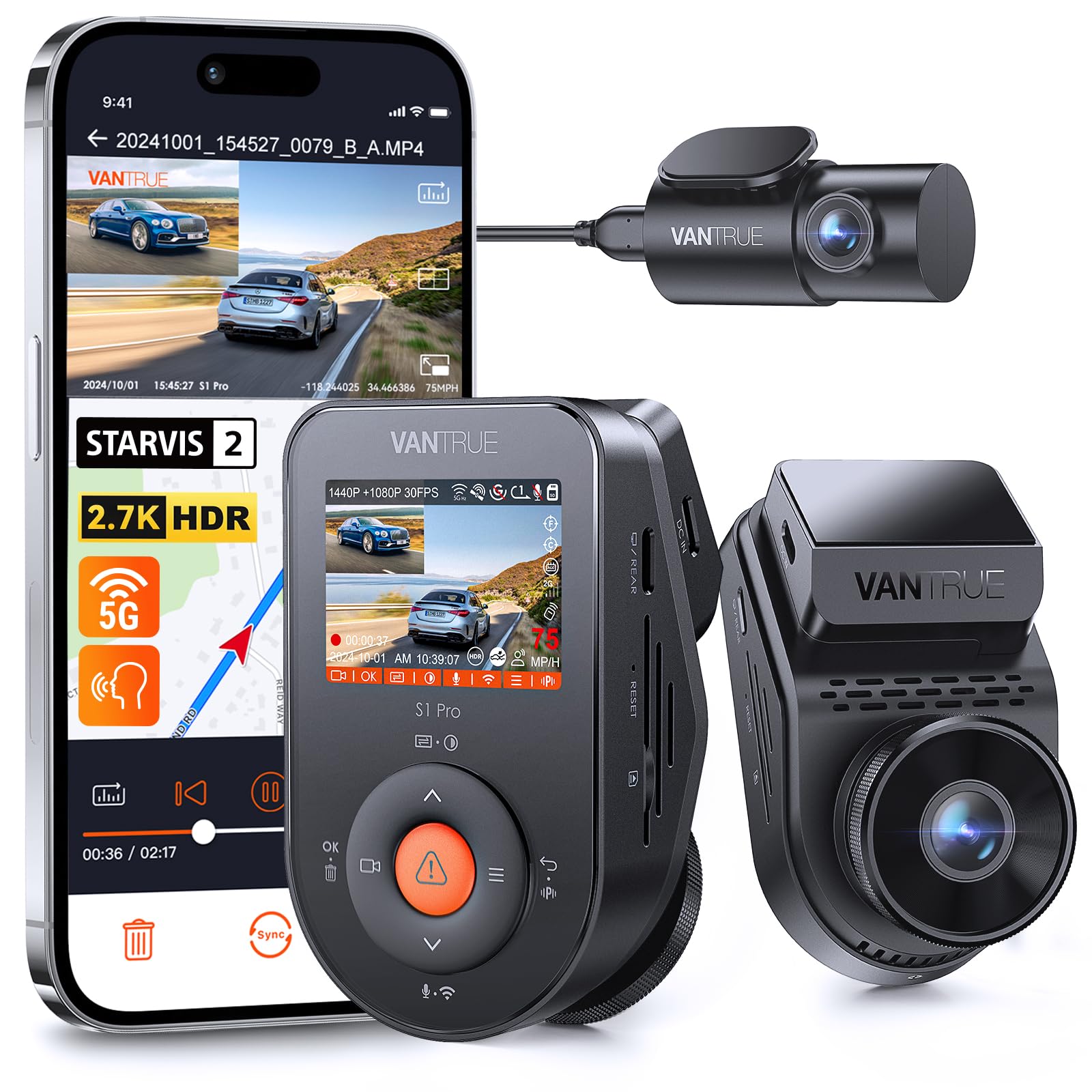 Amazon.com: Vantrue S1 Pro AI Dash Cam Front and Rear, Dual 1440P