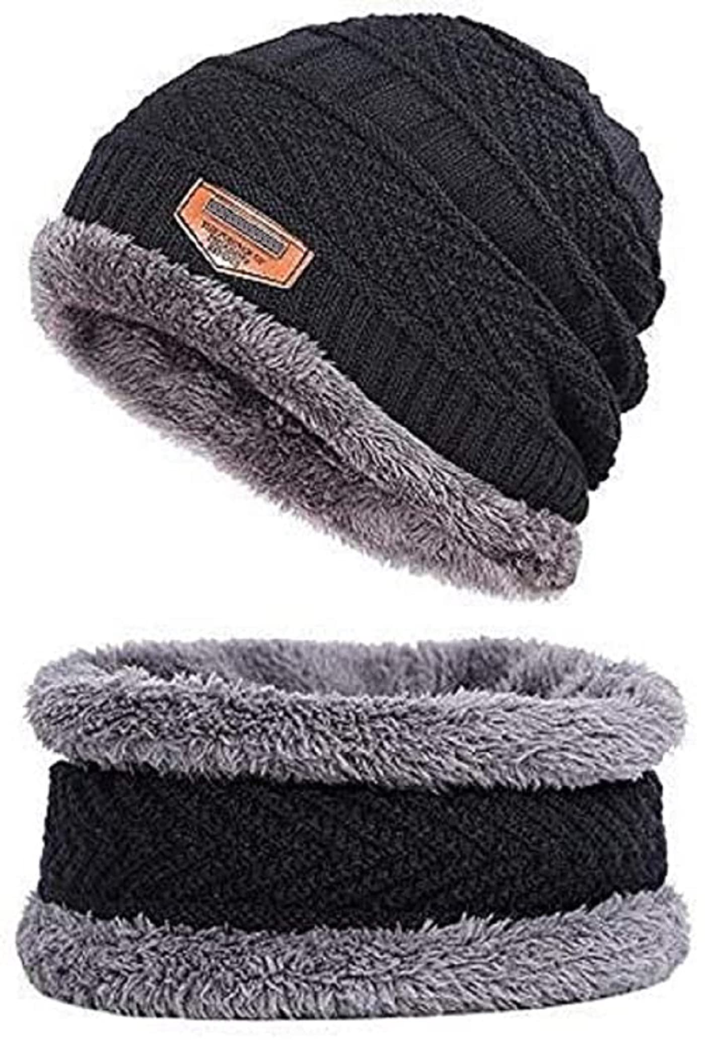 Zacharias Men's Woolen Cap With Neck Muffler/Neckwarmer, Black