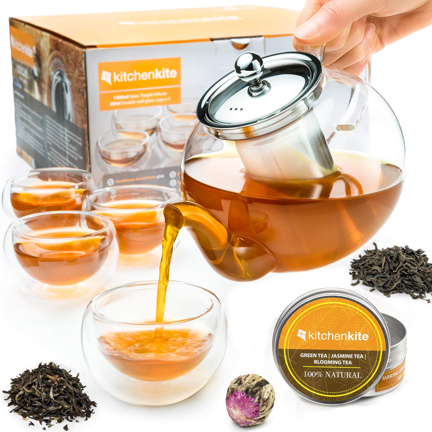 Amazon.com | Kitchen Kite Glass Teapot Set with 4 Double Wall Tea