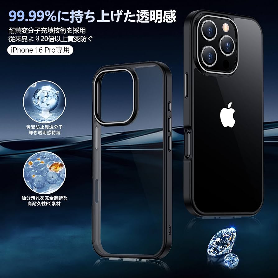 Amazon.co.jp: iPhone 16 Pro 用 ケース ブラック 耐衝撃 米軍MIL規格