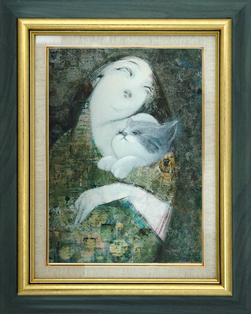 油絵 菅家令子 絵 絵画インテリア額付(青緑＋銀)F3-091918子猫犬 女子