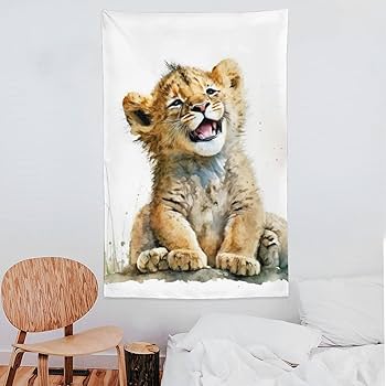 Amazon.co.jp: ライオンの子の水彩画 インテリア タペストリー 水彩