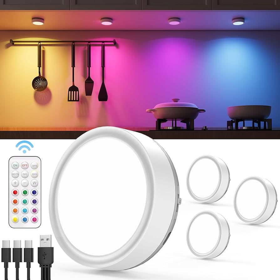 Rechargeable Puck Lights with Remote Control, RGB Colored 2400mAh