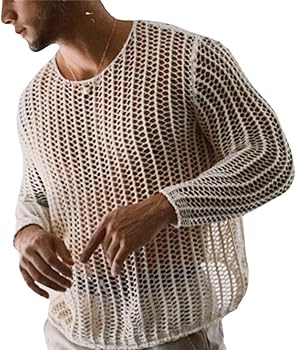 JEShifangjiusu Men'S Sheer Mesh See Through Tshirt Crewneck Long