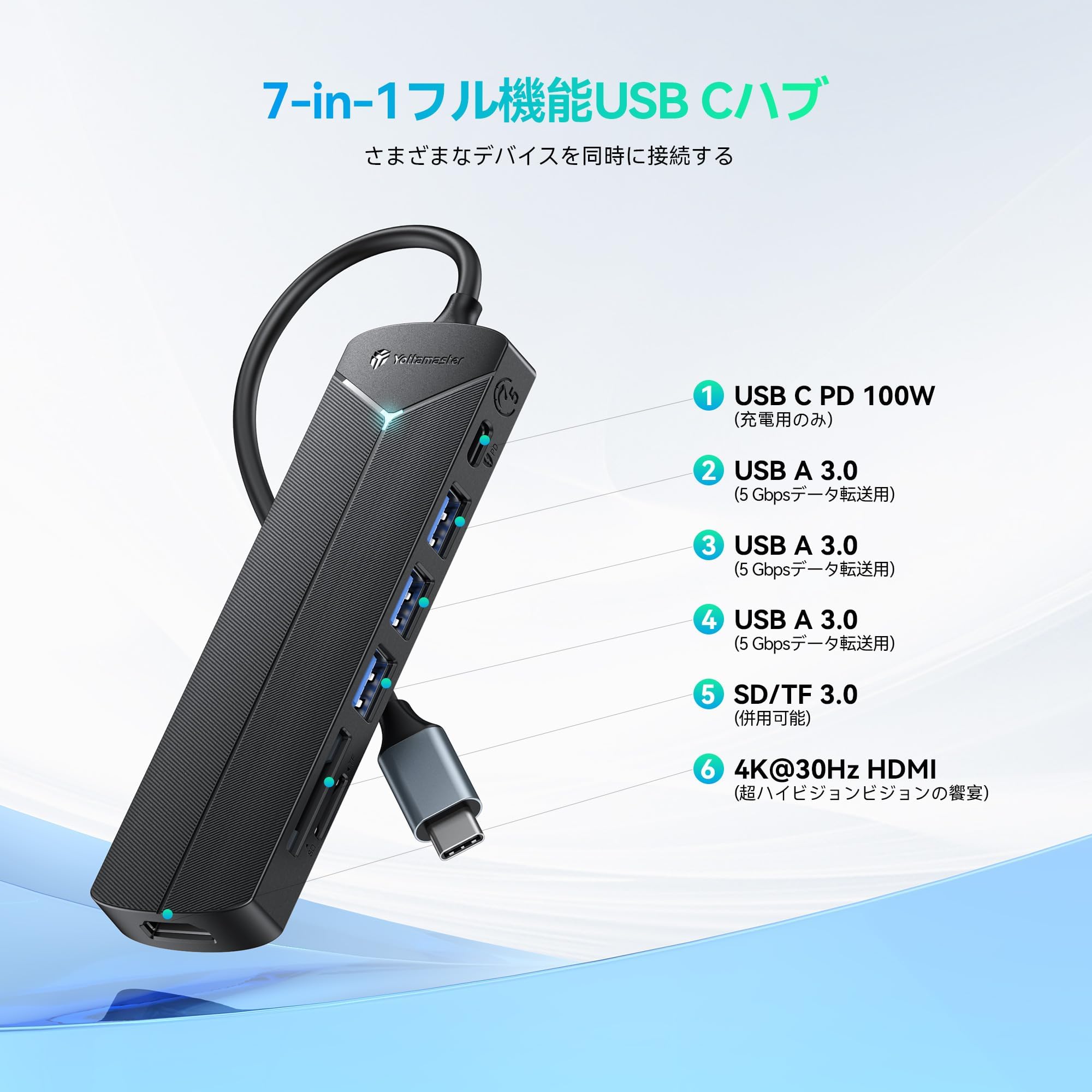 Amazon | Yottamaster USB Cハブ 7-IN-1 USB ハブ Type-C PD 100W 急速
