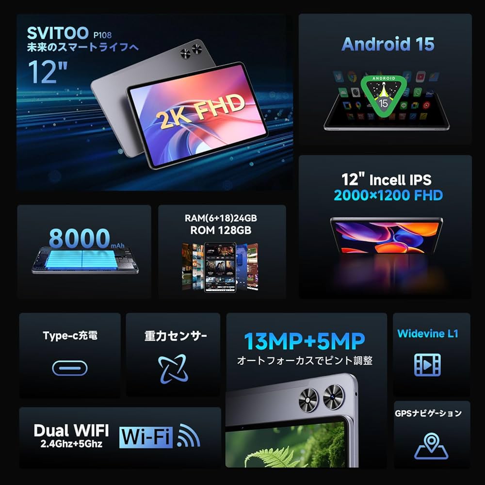 Amazon.co.jp: 12インチ タブレット Android 15 PCモード 2000×1200