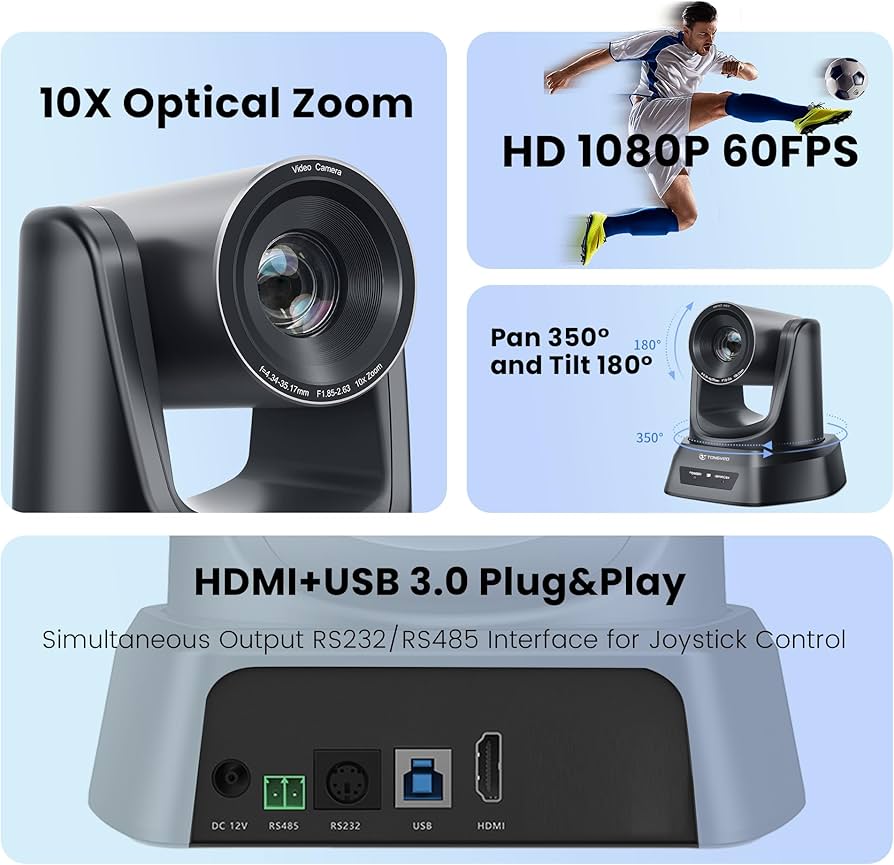 10x Zoom HDMI PTZ Camera, TONGVEO Full HD 1080P 60fps USB3.0 HDMI