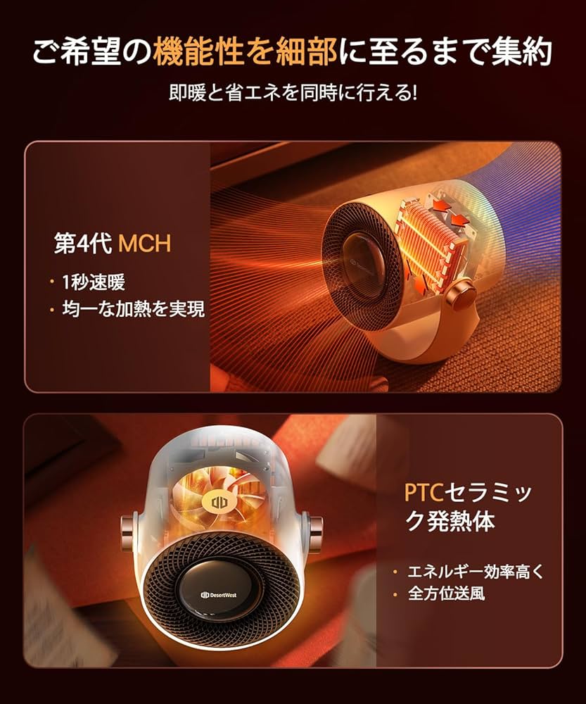 Amazon | DesertWest セラミックヒーター 小型 2025節電型 暖房器具 2