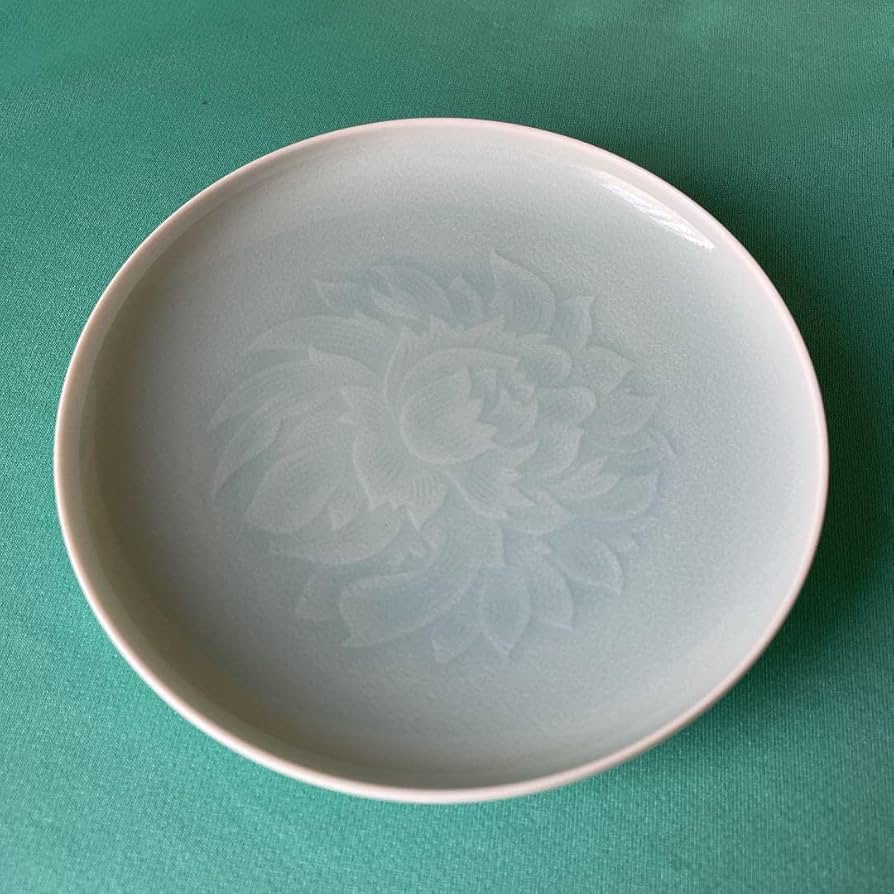 ◇名品 人間国宝 塚本快示 快山窯 青白磁鷺草文皿 共箱・共布付き