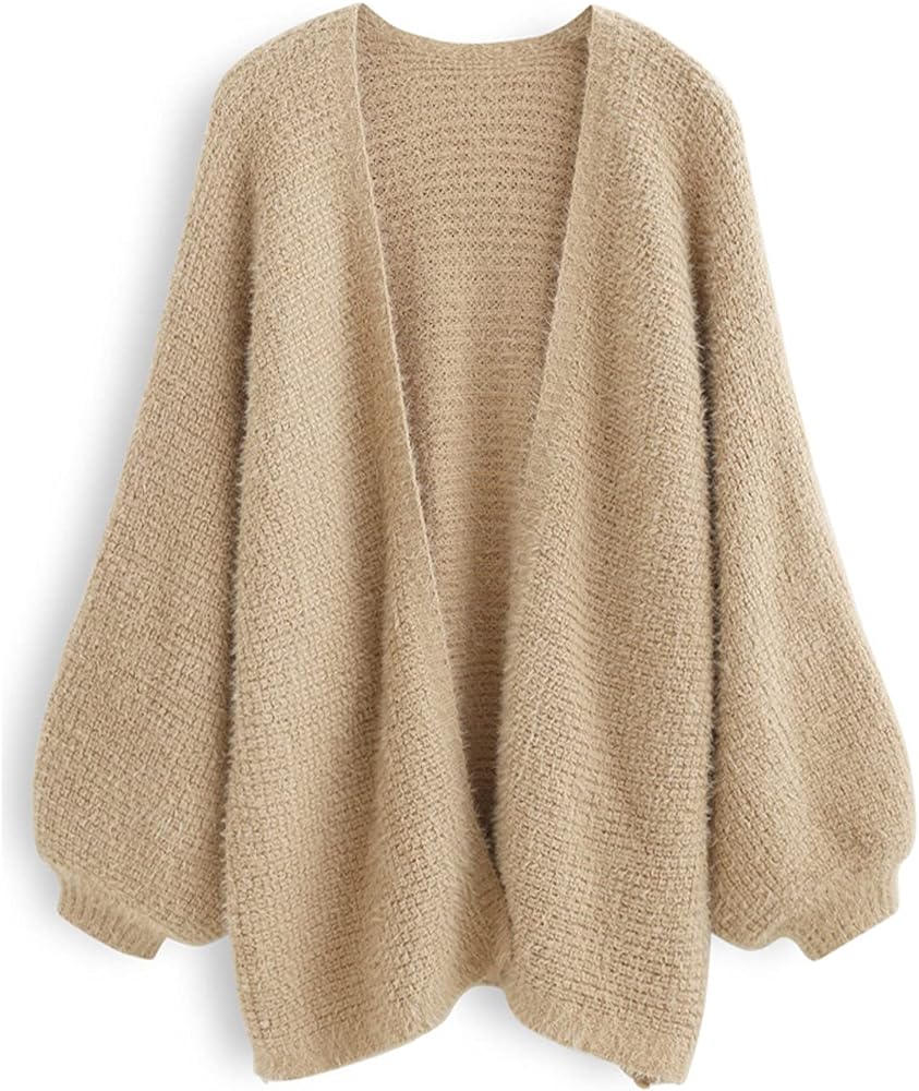 CHICWISH Women Fuzzy Open Front Waffle Knit Cardigan Long Lantern