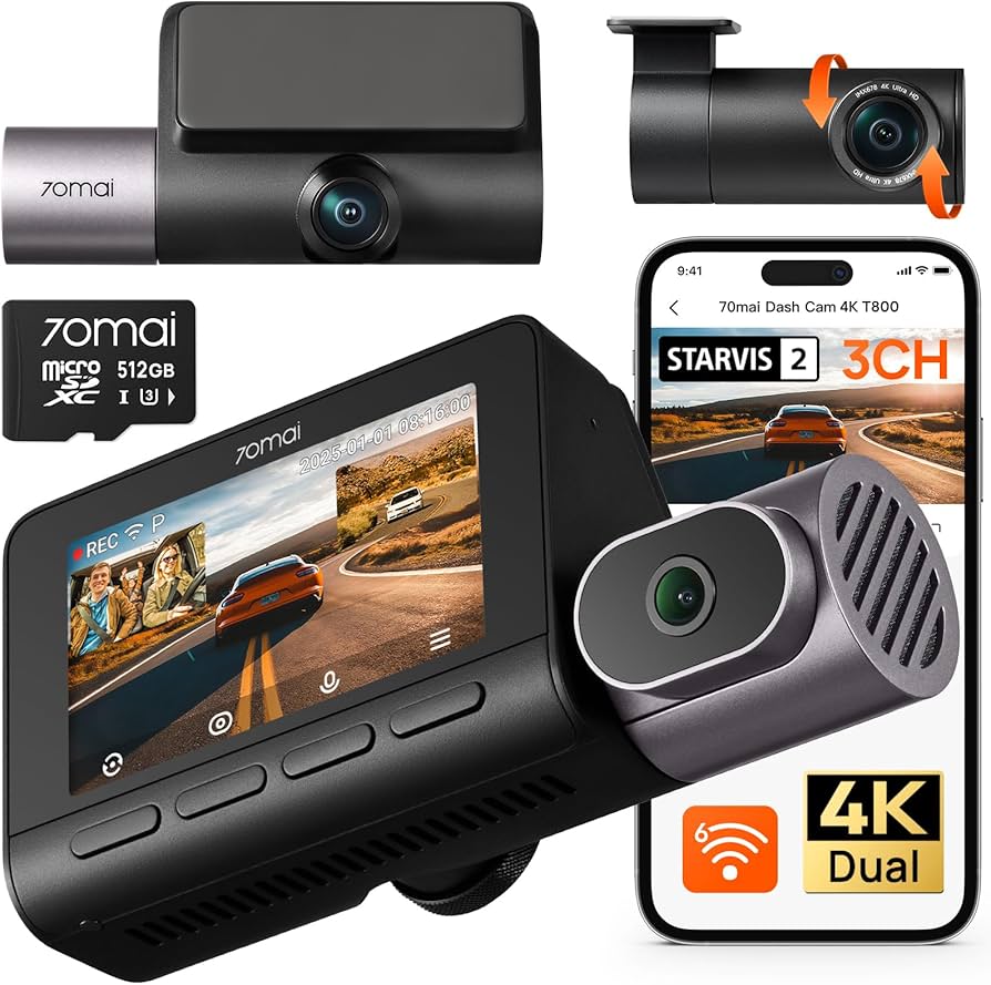 70mai 4K T800 3 Channel Dash Cam, Dash Cam Front and Rear Inside
