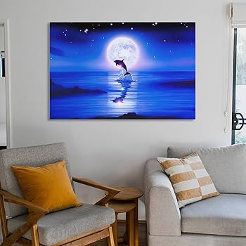 Amazon.co.jp: 青い海 クリスチャン・ラッセン 海の眺め イルカ 月光