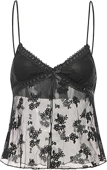 Women Split Front Lace Cami Tops Mesh Floral Print Spaghetti Strap