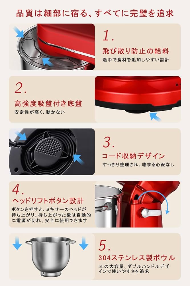 Amazon | スタンドミキサー 卓上型ミキサー 5L大容量 3種類