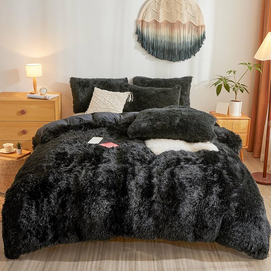 Amazon.com: Besfunny Fluffy Faux Fur Black Comforter Cover Queen