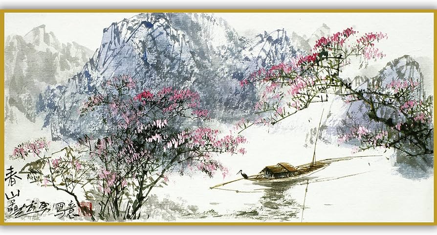 Amazon.co.jp: 風景画 山水画 手描き中国水墨画 色紙作品 手描り絵画