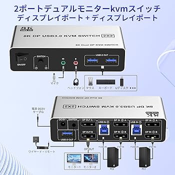 Amazon.co.jp: 8K@60Hz USB 3.0 DisplayPort KVM スイッチ デュアル