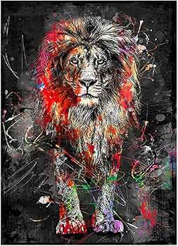 Amazon.co.jp: 抽象的なカラフルなライオンの絵画アートワーク