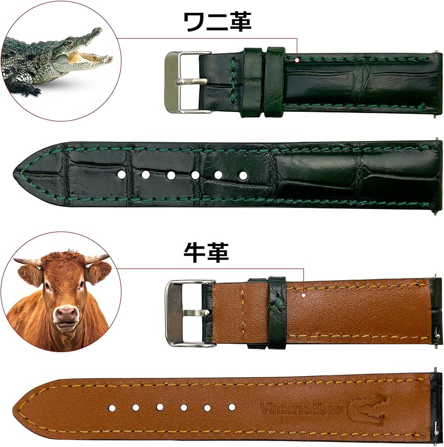 Amazon | [vietnamcreations] 20mm グリーン クロコダイル腕時計ベルト