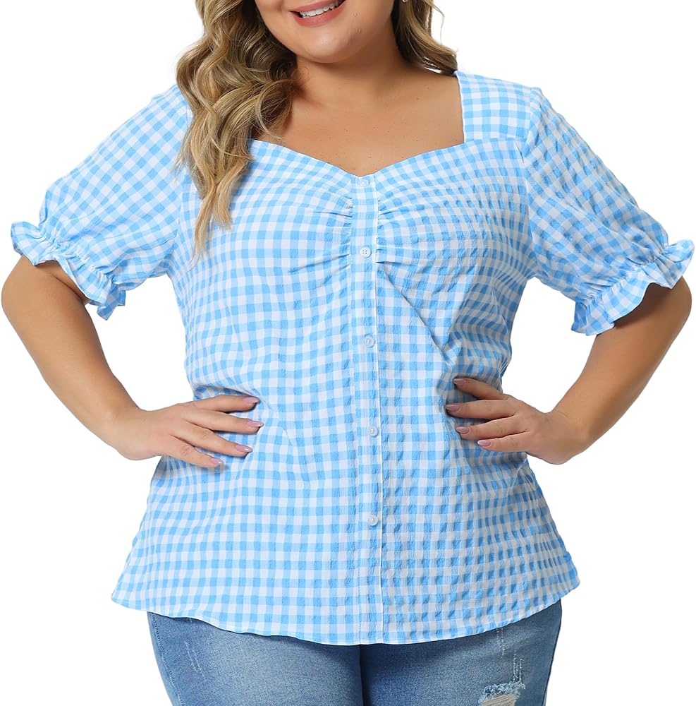 Agnes Orinda Women's Plus Size Summer Gingham Tops 1950s