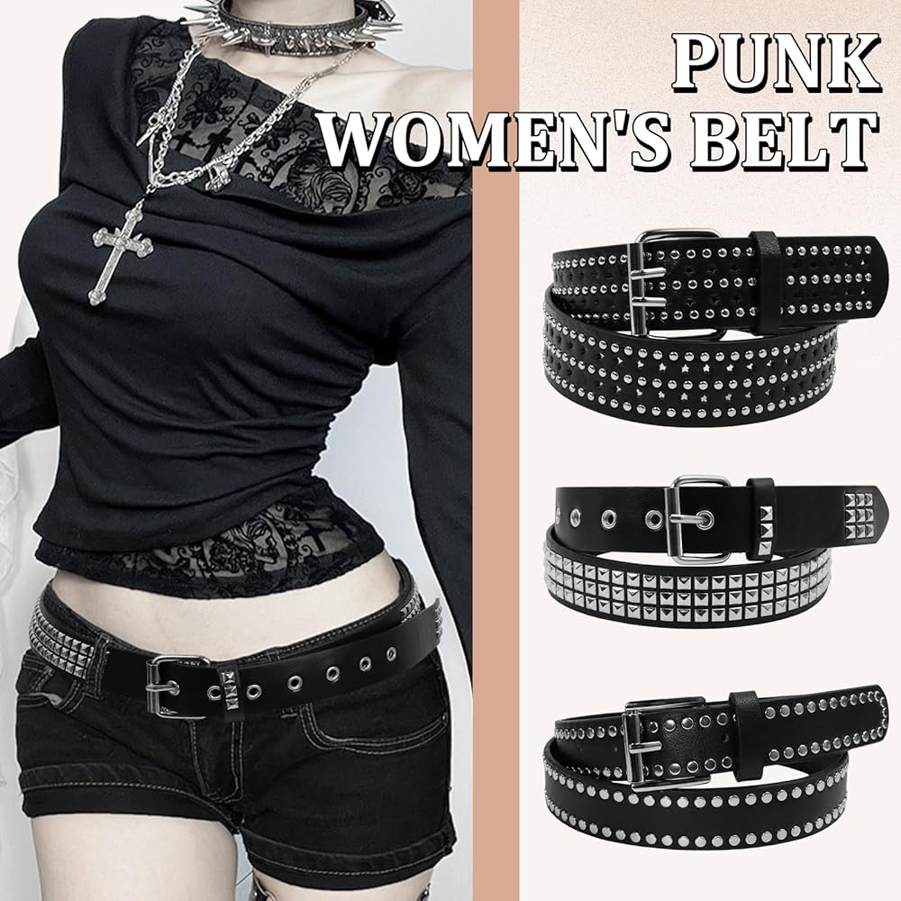 AEXHOT 3 Pcs Black Studded Belt Y2K Belt Faux Leather Star Belts