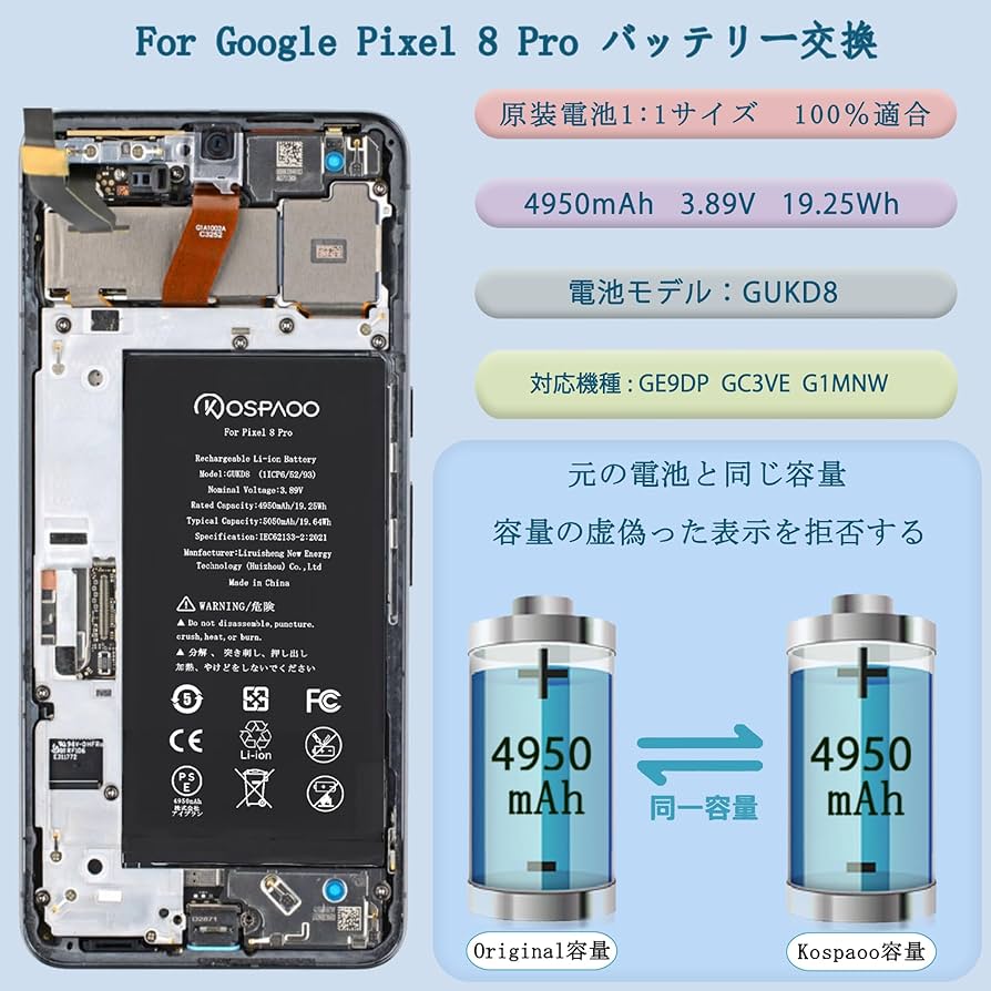 Amazon | KOSPAOO for Google Pixel 8 Pro バッテリー 互換 容量