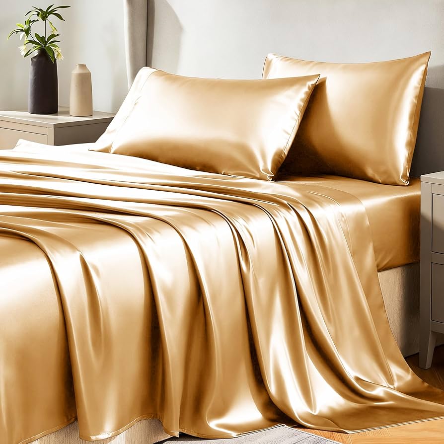 Amazon｜CozyLux サテンシーツ キングサイズ - ゴールドベッドシーツ4