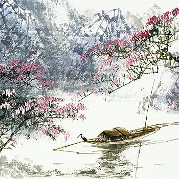 Amazon.co.jp: 風景画 山水画 手描き中国水墨画 色紙作品 手描り絵画