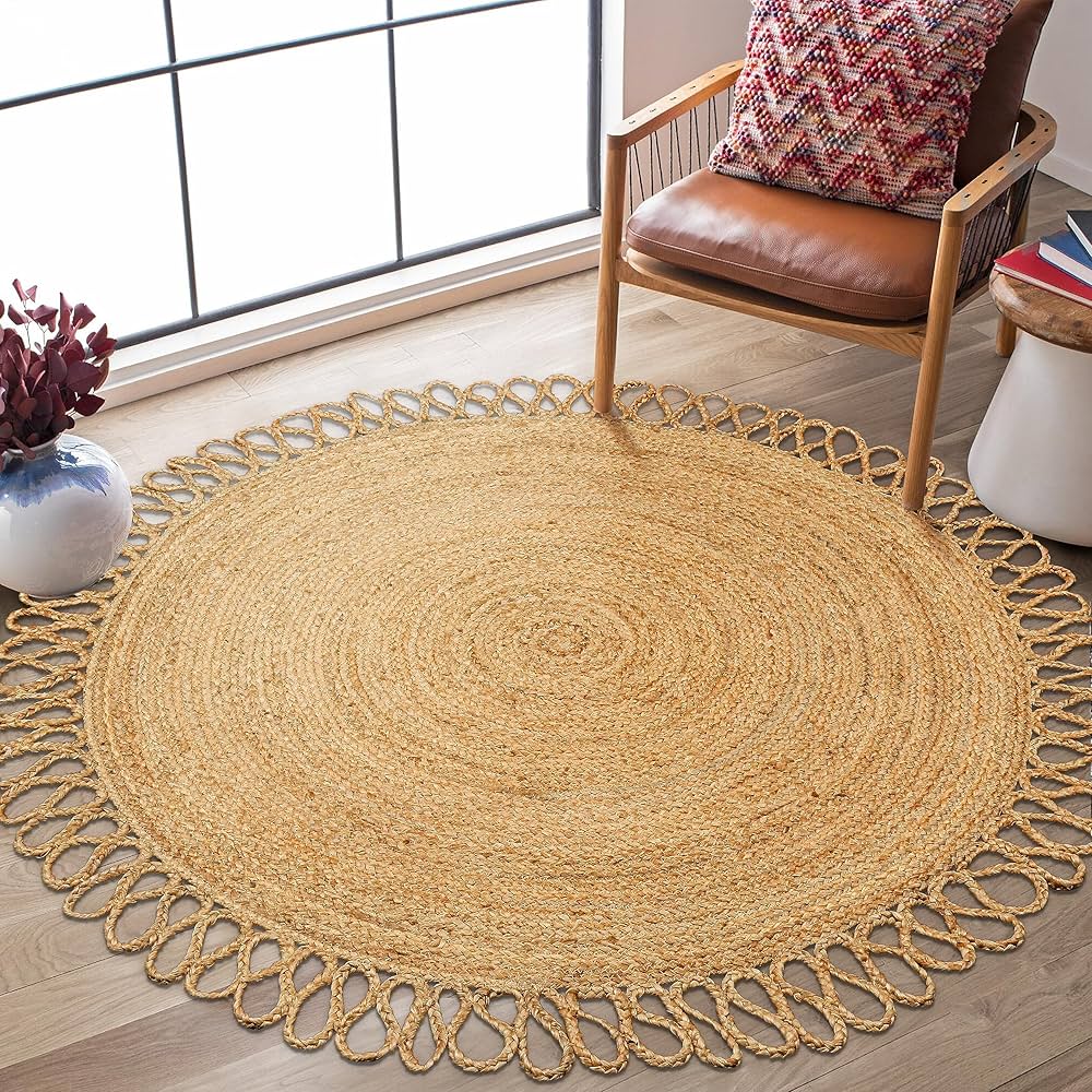 RIANGI Hand Woven Braided Jute Rug - 4' Round - Reversible