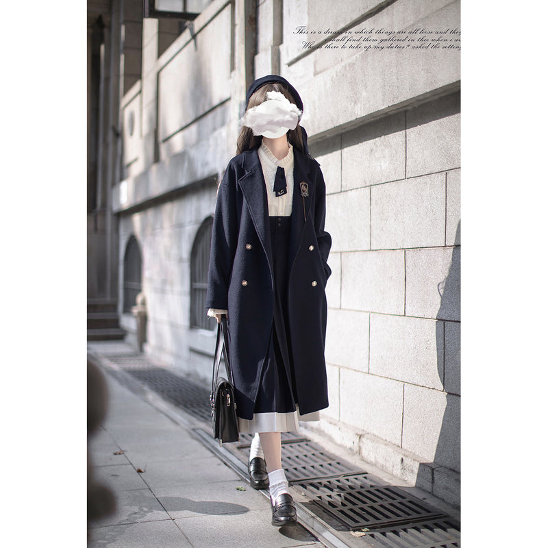 濃紺のお嬢様の文学ダブルブレストウールコート – ManusMachina