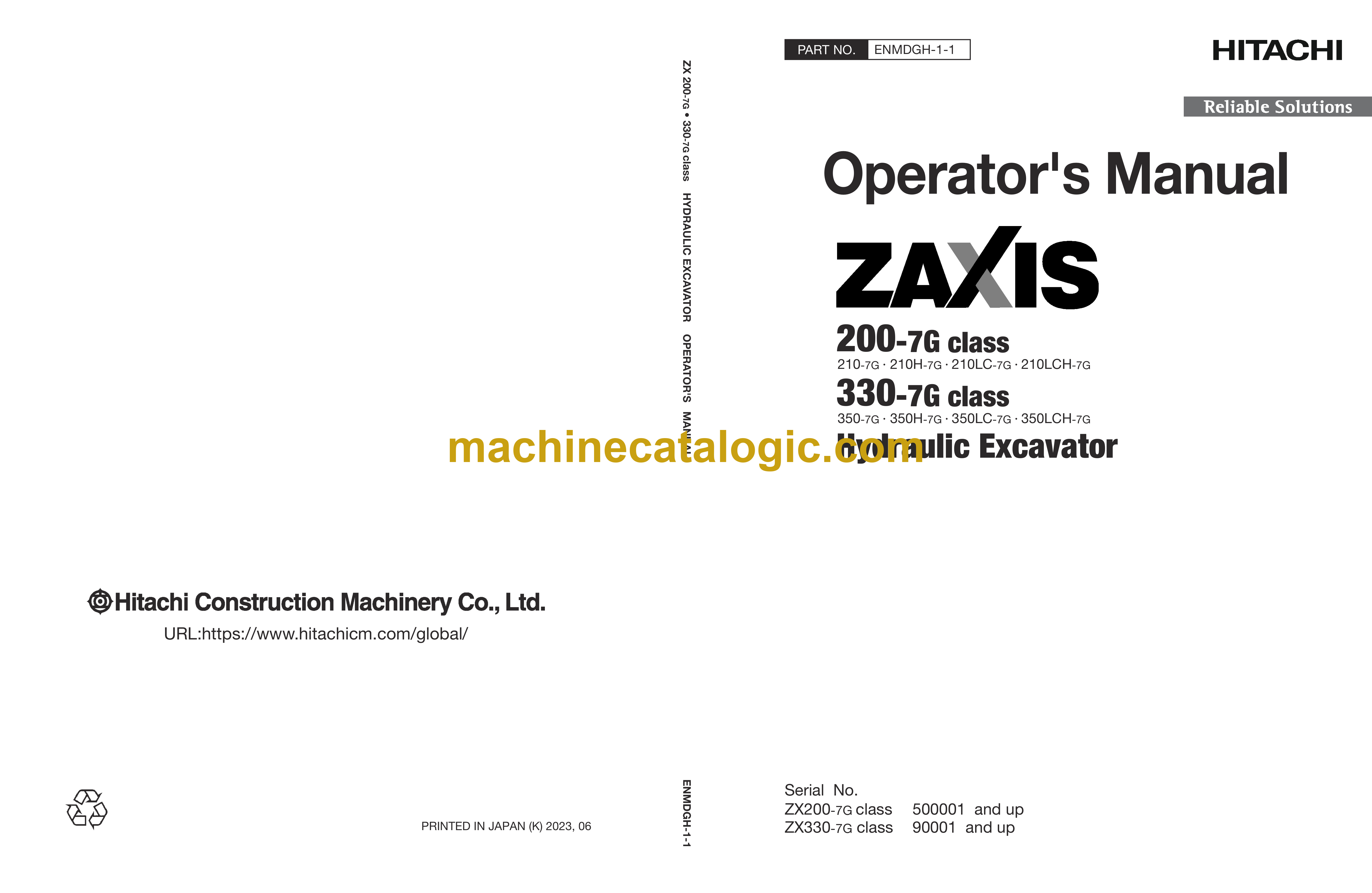 Hitachi ZX200-7G, ZX330-7G class Hydraulic Excavator Operator's