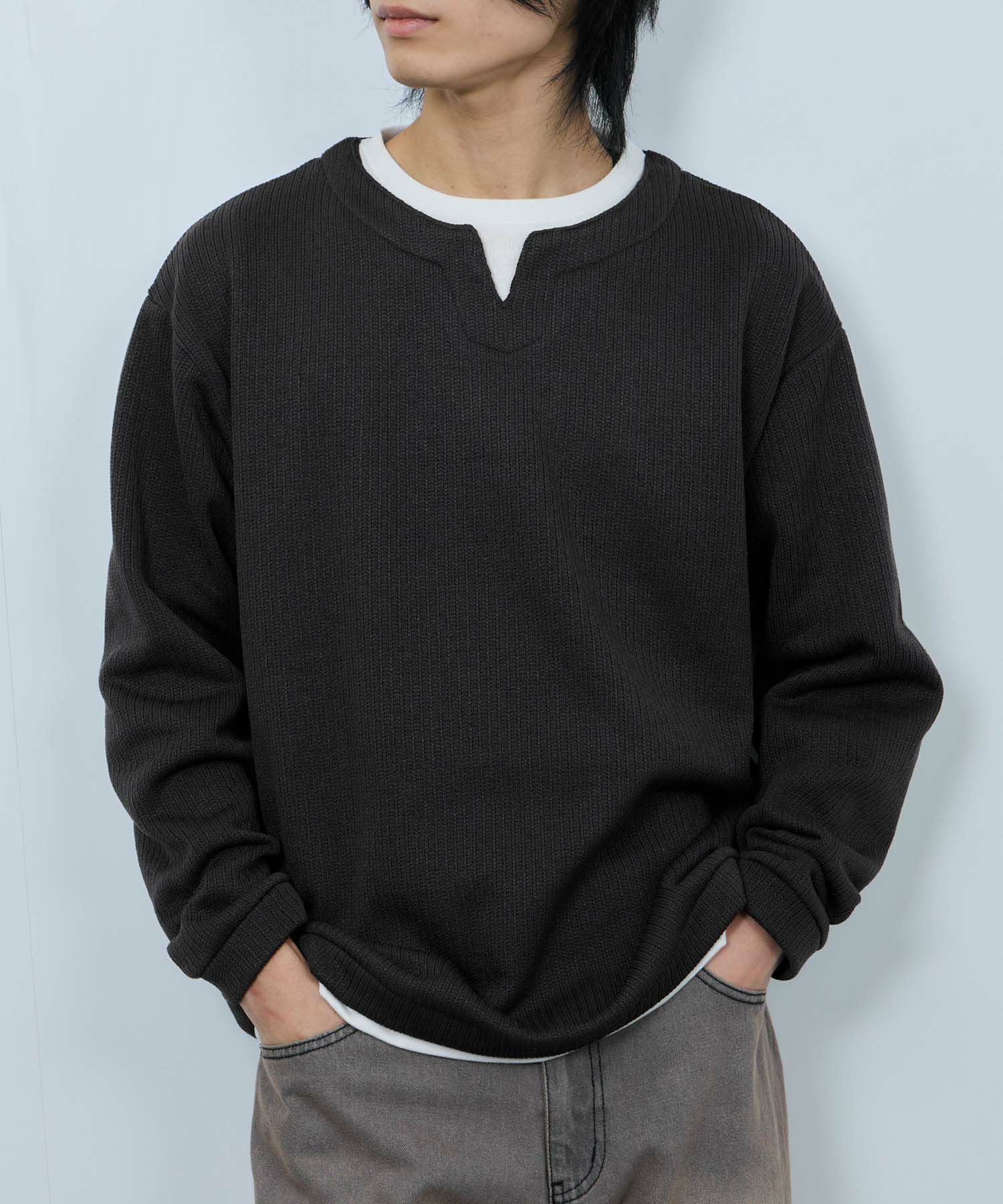 NAVY 針抜き裏起毛フェイクキーネックトレーナー メンズ