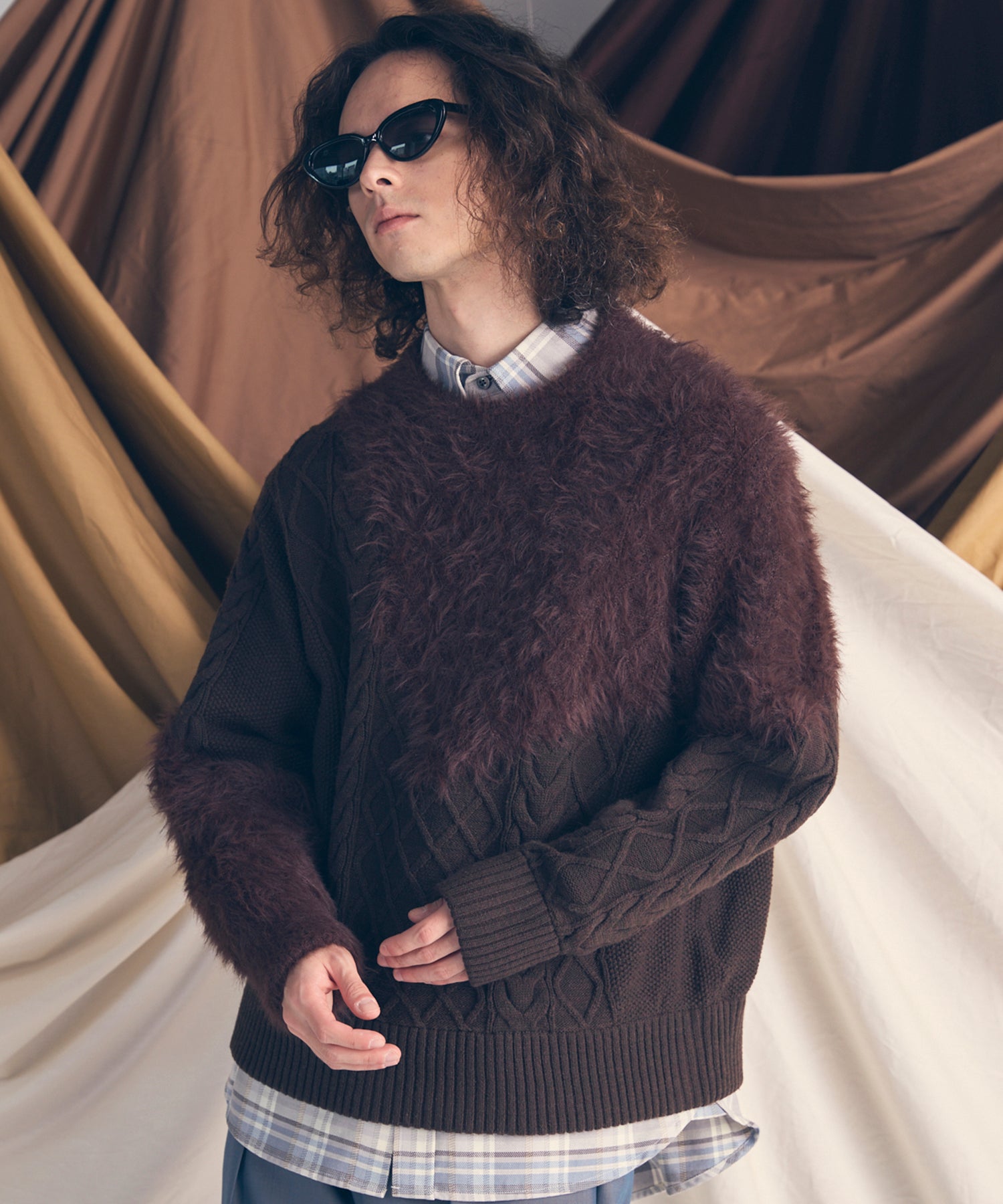 Cable Shaggy Mix Prime-Over Crew Neck Knit Pullover