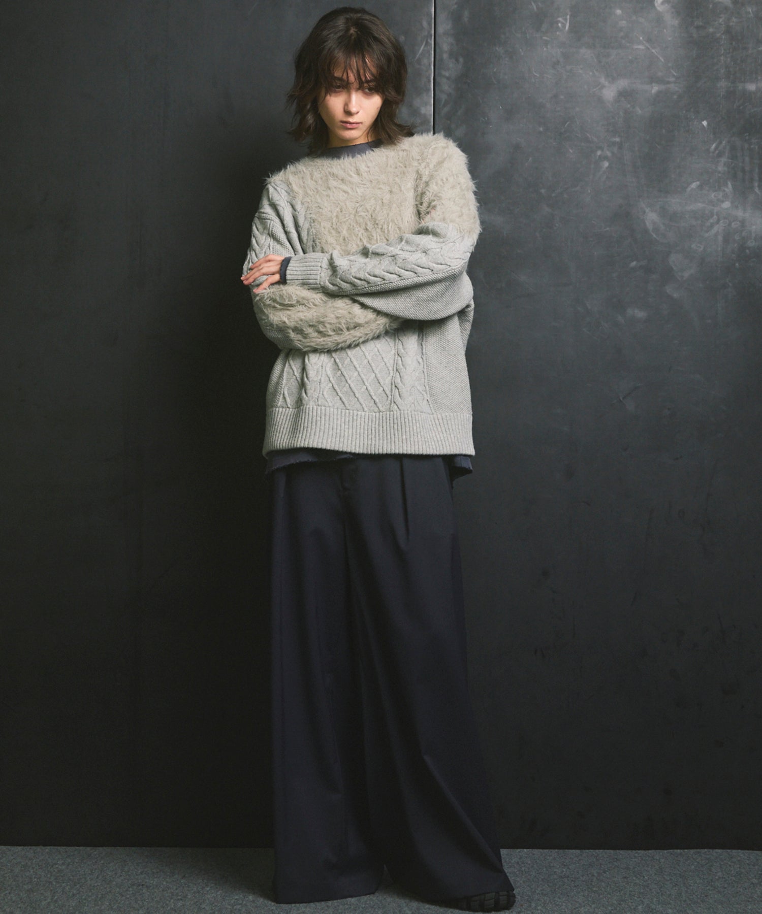 Cable Shaggy Mix Prime-Over Crew Neck Knit Pullover