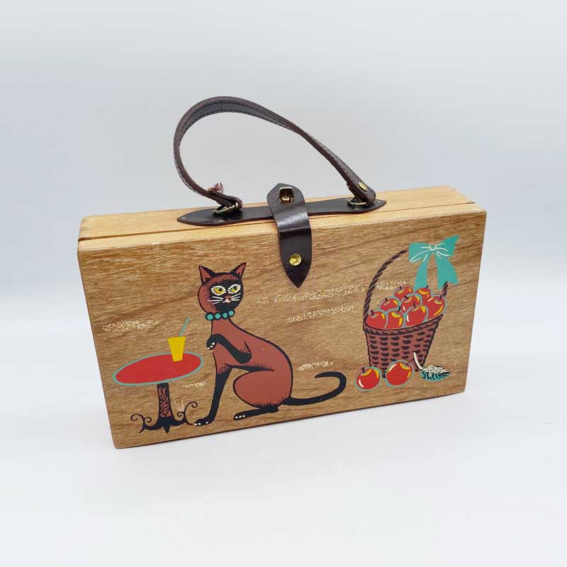 猫柄ヴィンテージ木製バッグ Enid Collins風日本製ヴィンテージバッグ