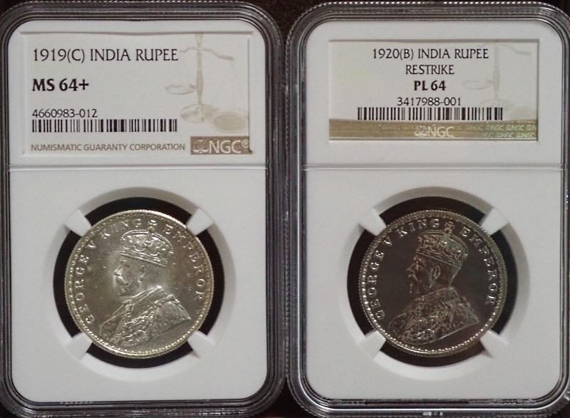 英領インドの1ルピー銀貨、プルーフライク貨（リストライク）と通常貨
